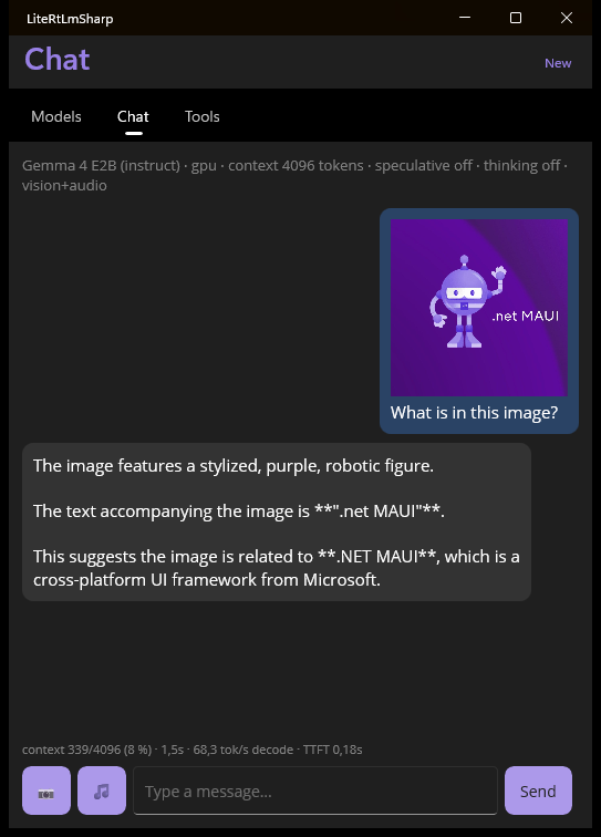 The same app on Windows — multimodal chat on GPU at 68 tok/s